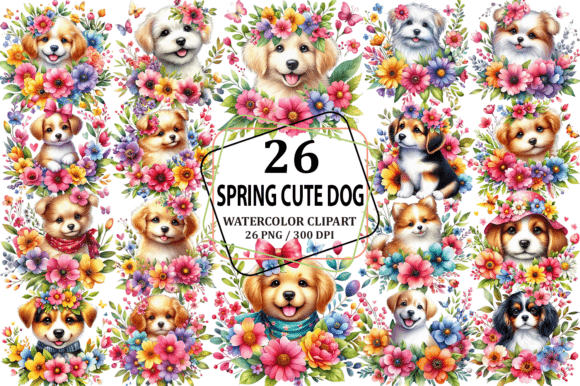 Download Cute Dog Spring Flowers Clipart PNG - Cute Collection